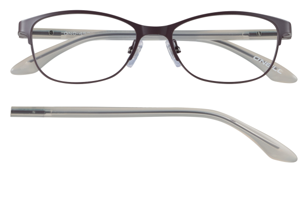 Brown oval-frame eyeglasses with translucent gray temples, shown from the front and side two-piece image