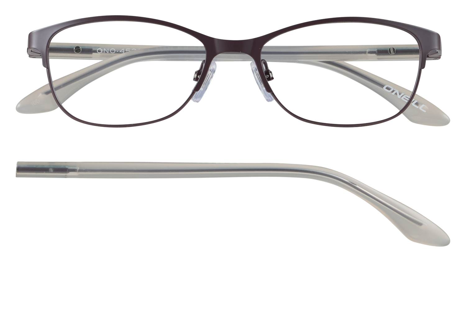 Brown oval-frame eyeglasses with translucent gray temples, shown from the front and side two-piece image