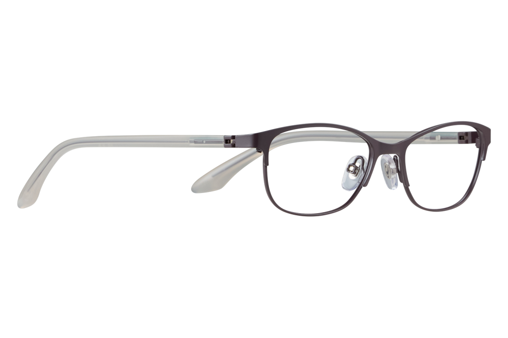 Pair of black-framed eyeglasses with clear nose pads resting on a light surface against a gray background (product image).
