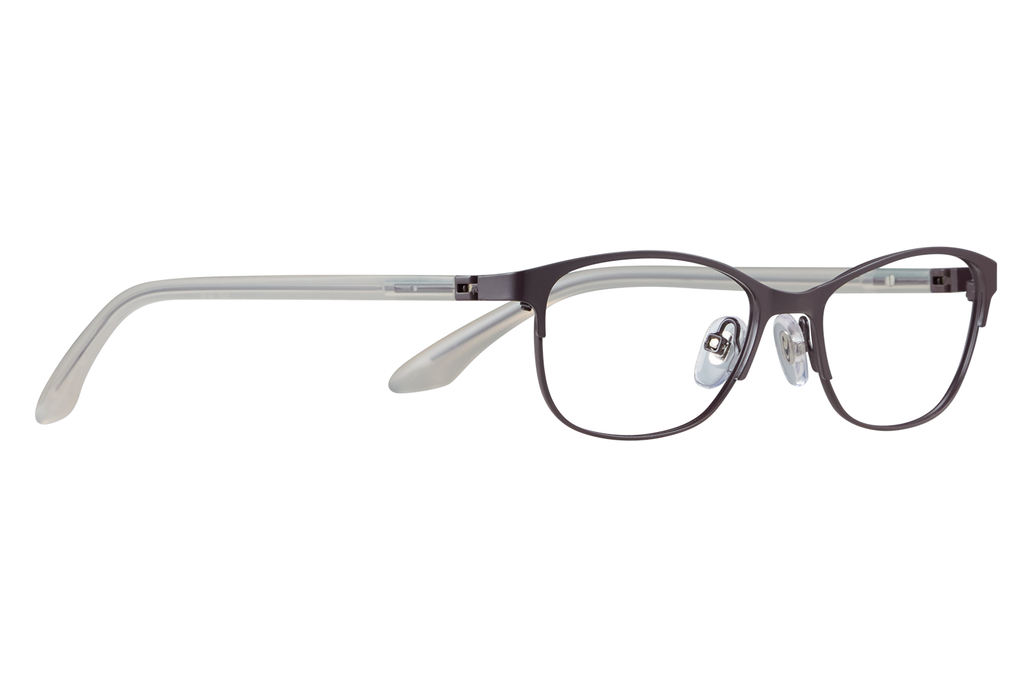Pair of black-framed eyeglasses with clear nose pads resting on a light surface against a gray background (product image).