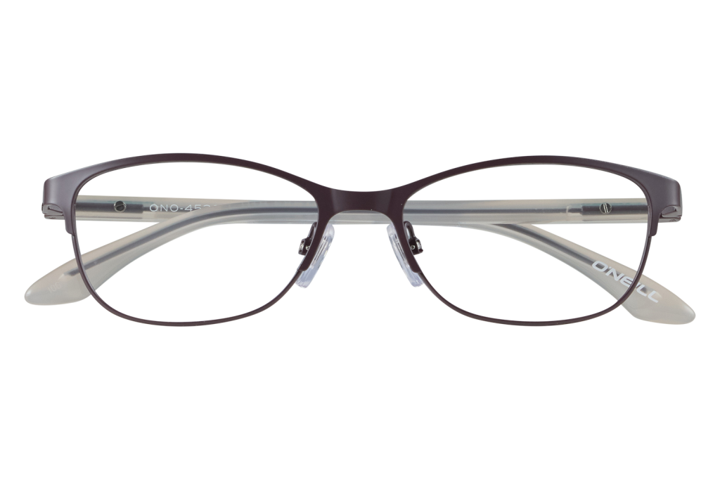 Brown rectangular eyeglasses with clear lenses resting on two glass blocks, close-up product shot