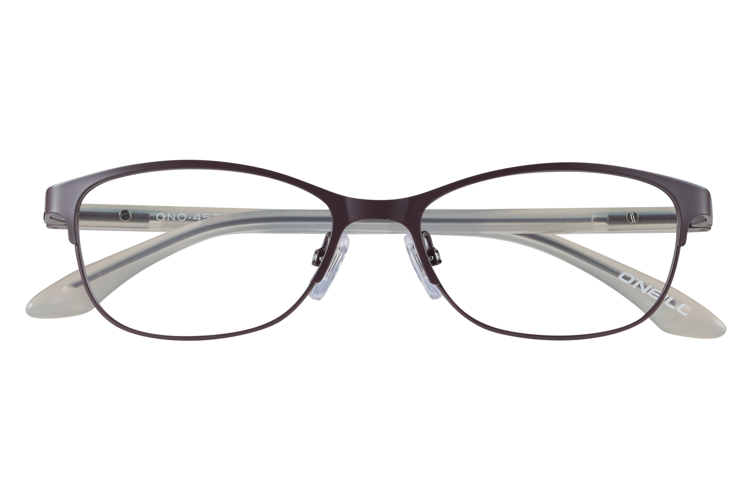 Brown rectangular eyeglasses with clear lenses resting on two glass blocks, close-up product shot