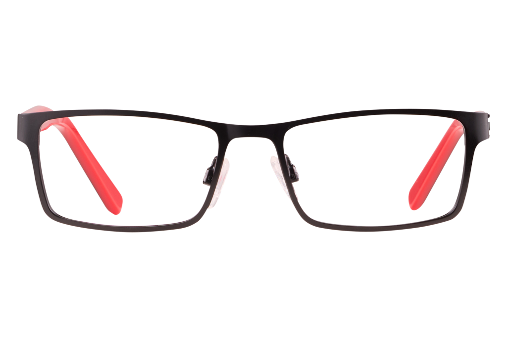 Front view of black rectangular eyeglasses with bright red temples/arms.