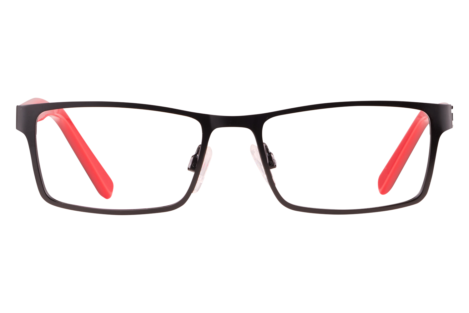 Front view of black rectangular eyeglasses with bright red temples/arms.