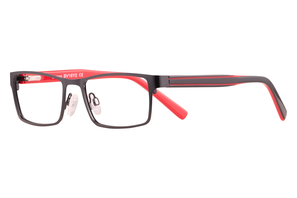 Rectangular black-ramed eyeglasses with red temples and clear nose pads on a white background, viewed from the side.