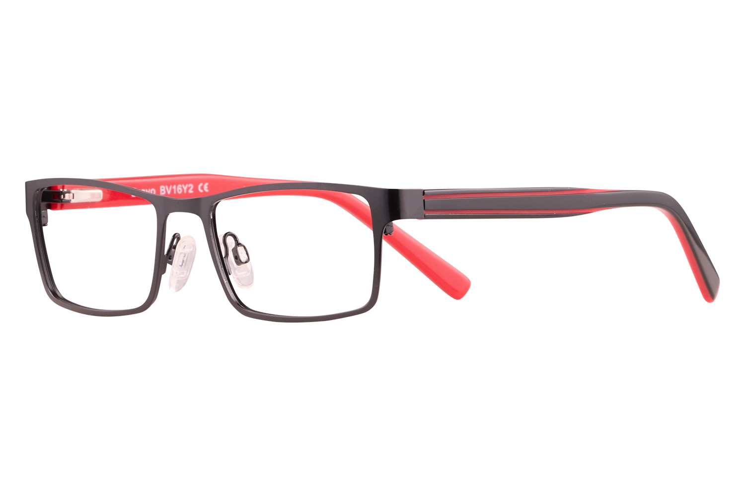 Rectangular black-ramed eyeglasses with red temples and clear nose pads on a white background, viewed from the side.