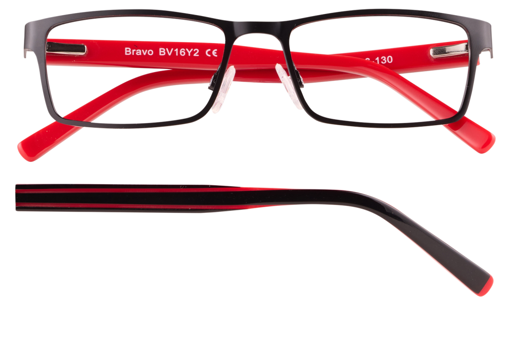 Black rectangular eyeglasses with bright red arms shown from the front with clear nose pads and frame detail.