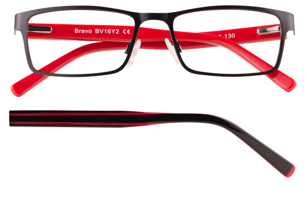 Black rectangular eyeglasses with bright red arms shown from the front with clear nose pads and frame detail.