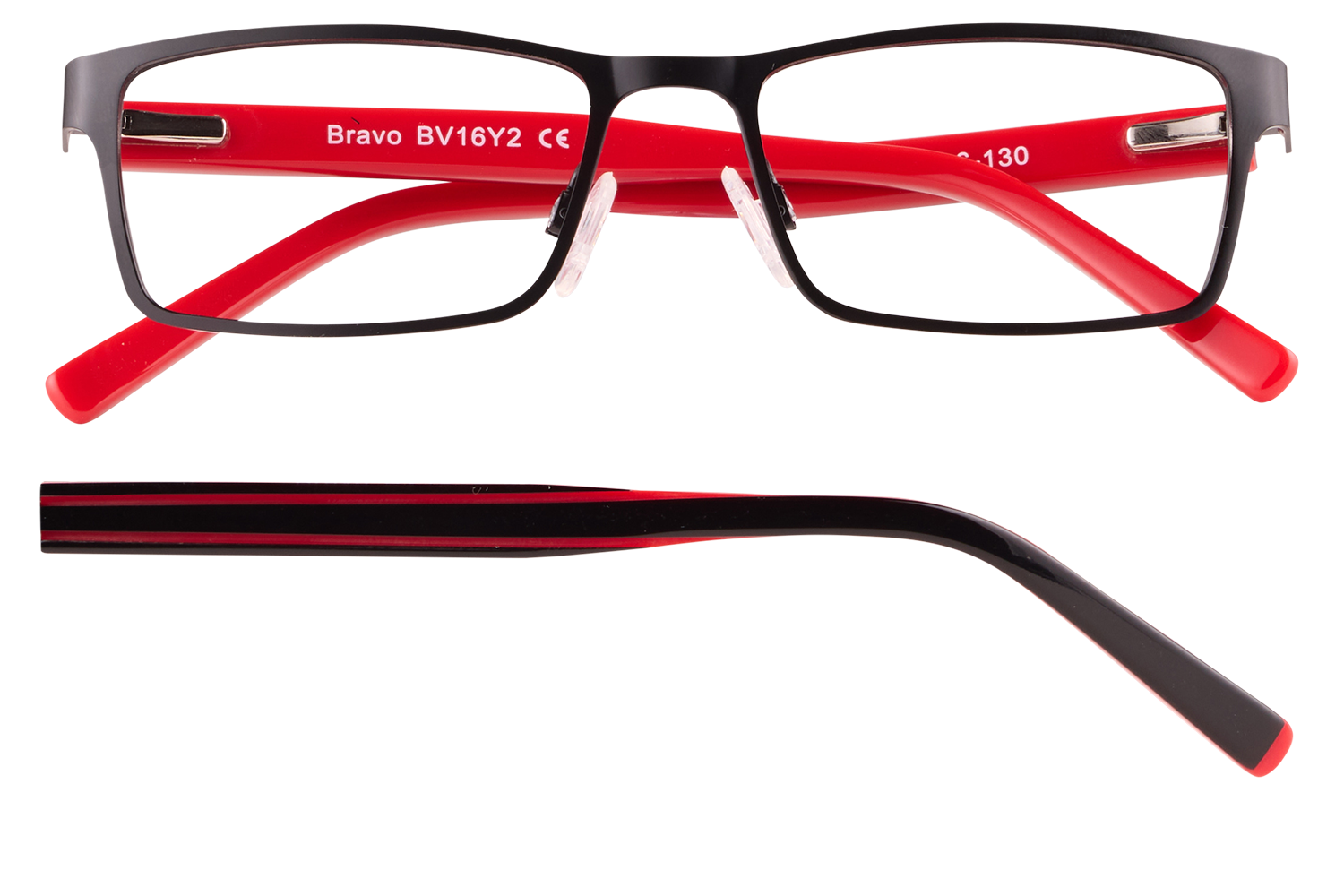 Black rectangular eyeglasses with bright red arms shown from the front with clear nose pads and frame detail.