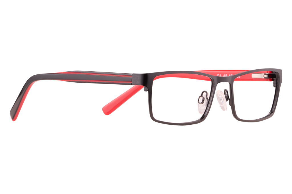 Black rectangular eyeglasses with red temple tips seen from the side. (Product photo)