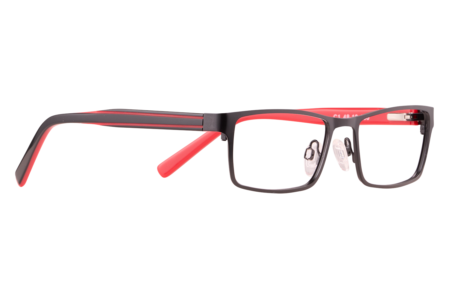 Black rectangular eyeglasses with red temple tips seen from the side. (Product photo)