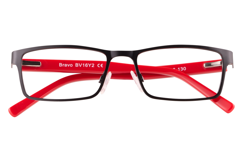 Black-framed eyeglasses with red temples viewed front-on. Provide prescription-ready frames for vision correction (informative image).