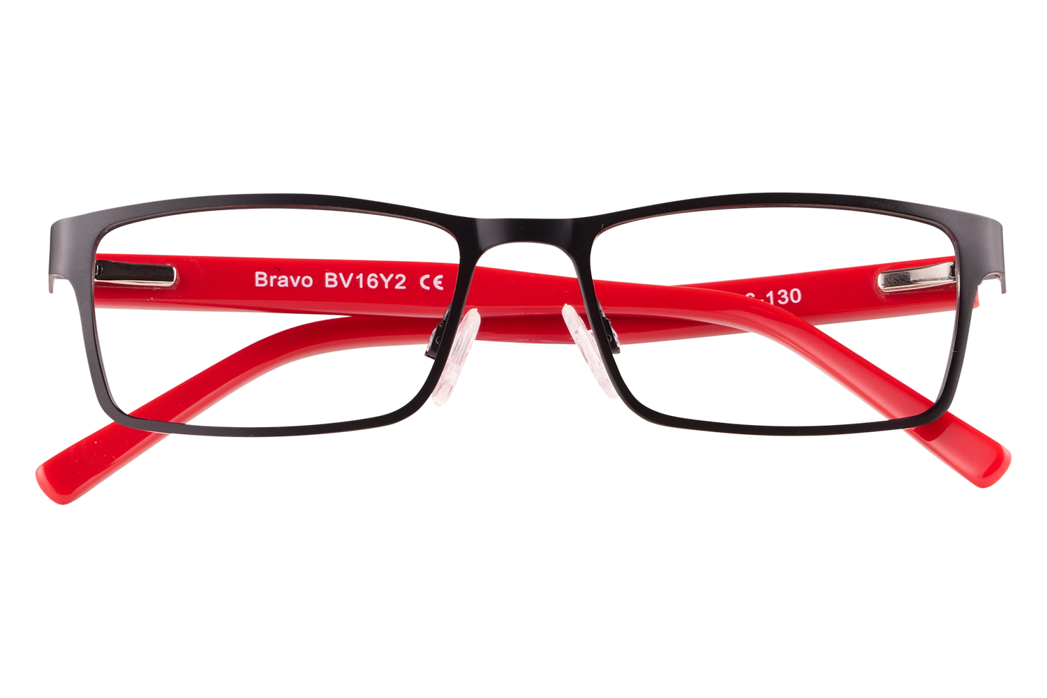 Black-framed eyeglasses with red temples viewed front-on. Provide prescription-ready frames for vision correction (informative image).