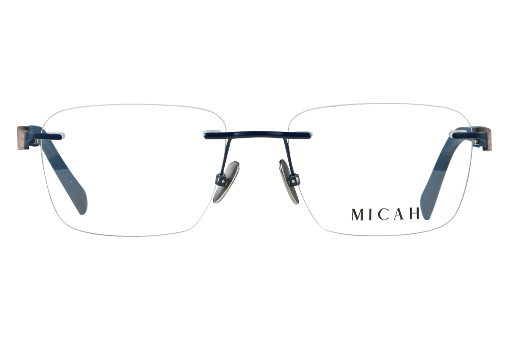 Rimless eyeglasses with blue temple tips and clear lenses, the brand name 'MICAH' visible in the lower-right corner of the lens area.
