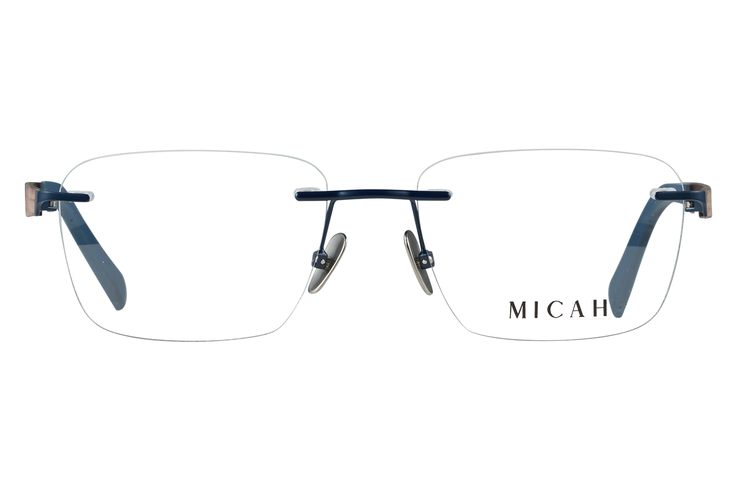 Rimless eyeglasses with blue temple tips and clear lenses, the brand name 'MICAH' visible in the lower-right corner of the lens area.