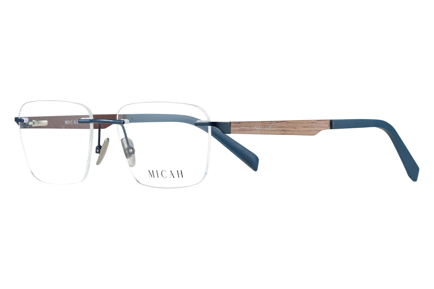 Close-up of transparent eyeglasses with blue metal frame and wood-accented temples, Micah logo on the lens area.