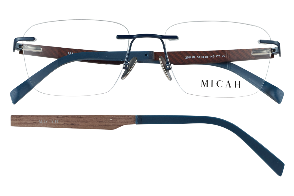 Blue metal-frame eyeglasses with wooden temple arms and MICAH branding on the temple surface.
