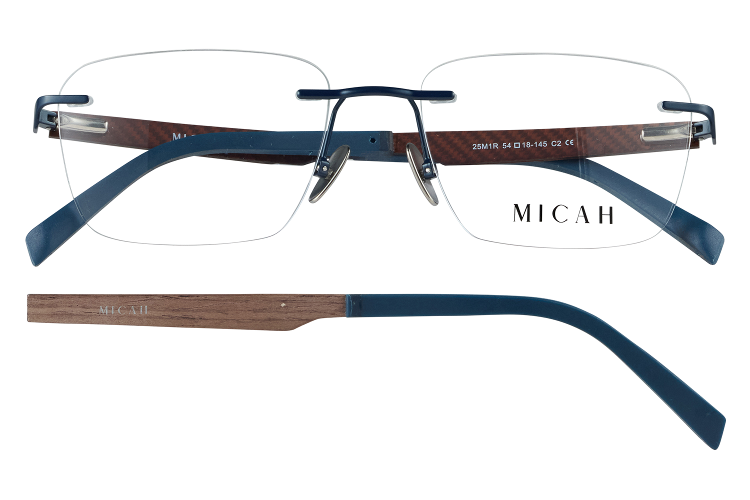 Blue metal-frame eyeglasses with wooden temple arms and MICAH branding on the temple surface.