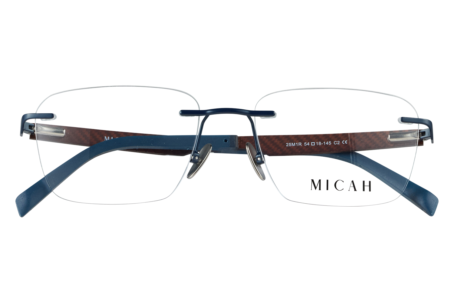 Rimless eyeglasses with blue temples and a slim blue bridge, displayed on clear blocks; brand Micah visible.