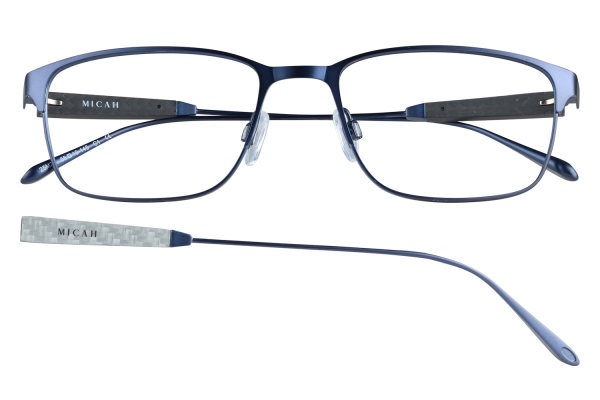 Blue metal-framed eyeglasses with clear nose pads and detachable patterned temples, branded MICAH