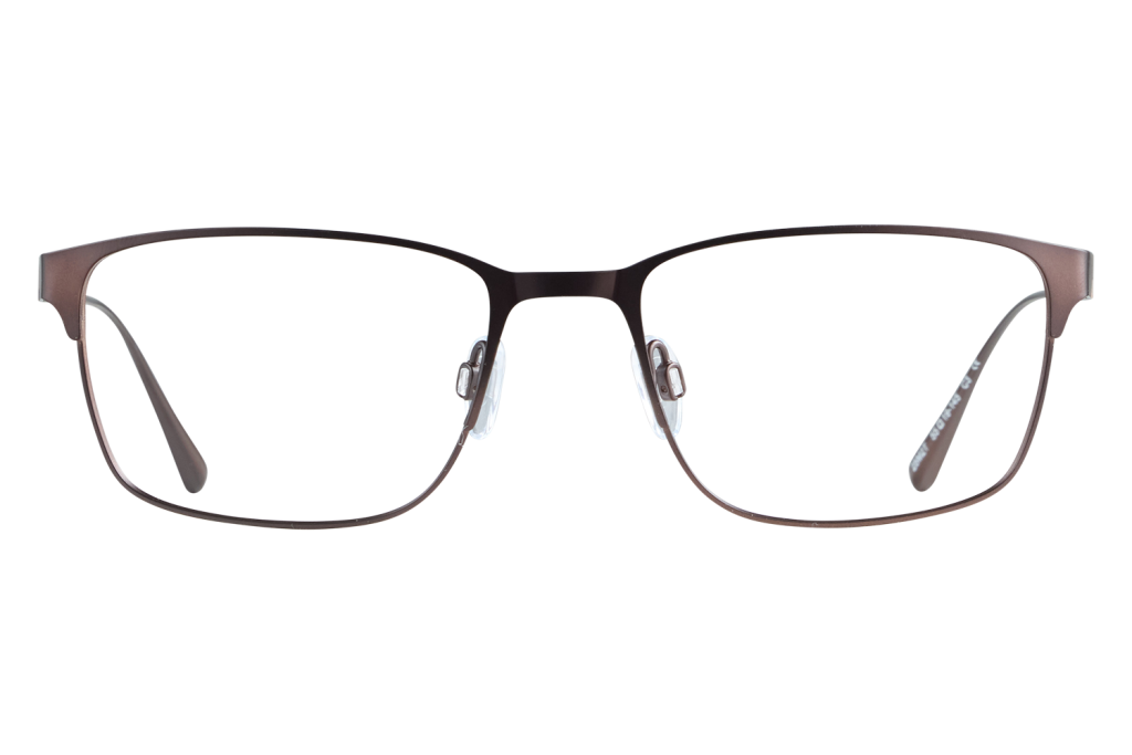 Close-up of a brown metal eyeglass frame with clear nose pads resting on a light surface.