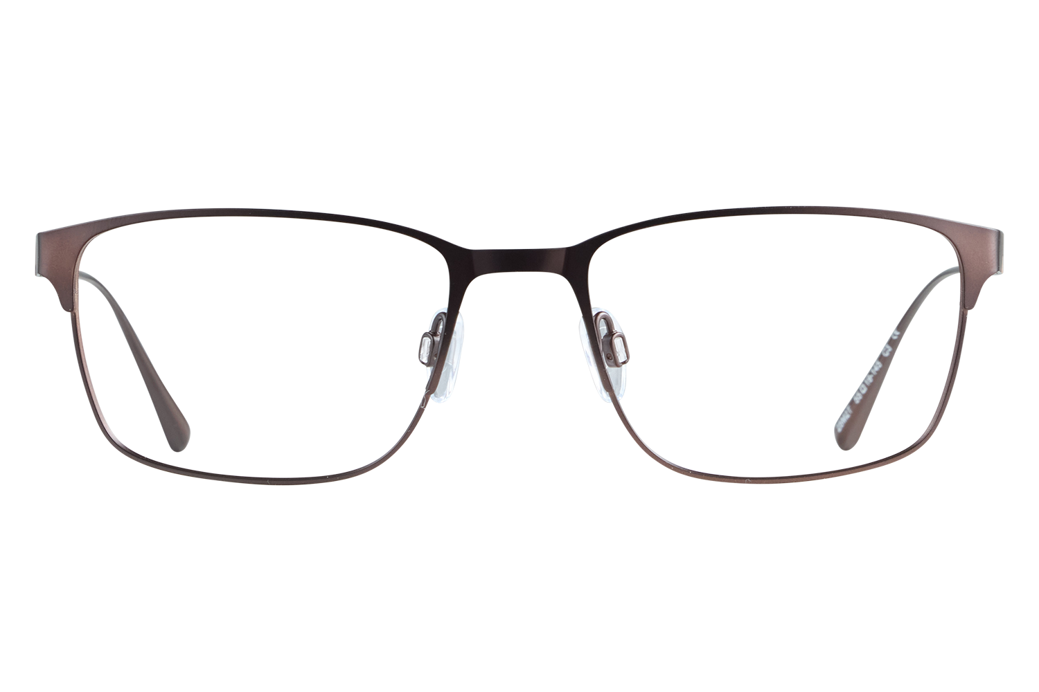 Close-up of a brown metal eyeglass frame with clear nose pads resting on a light surface.