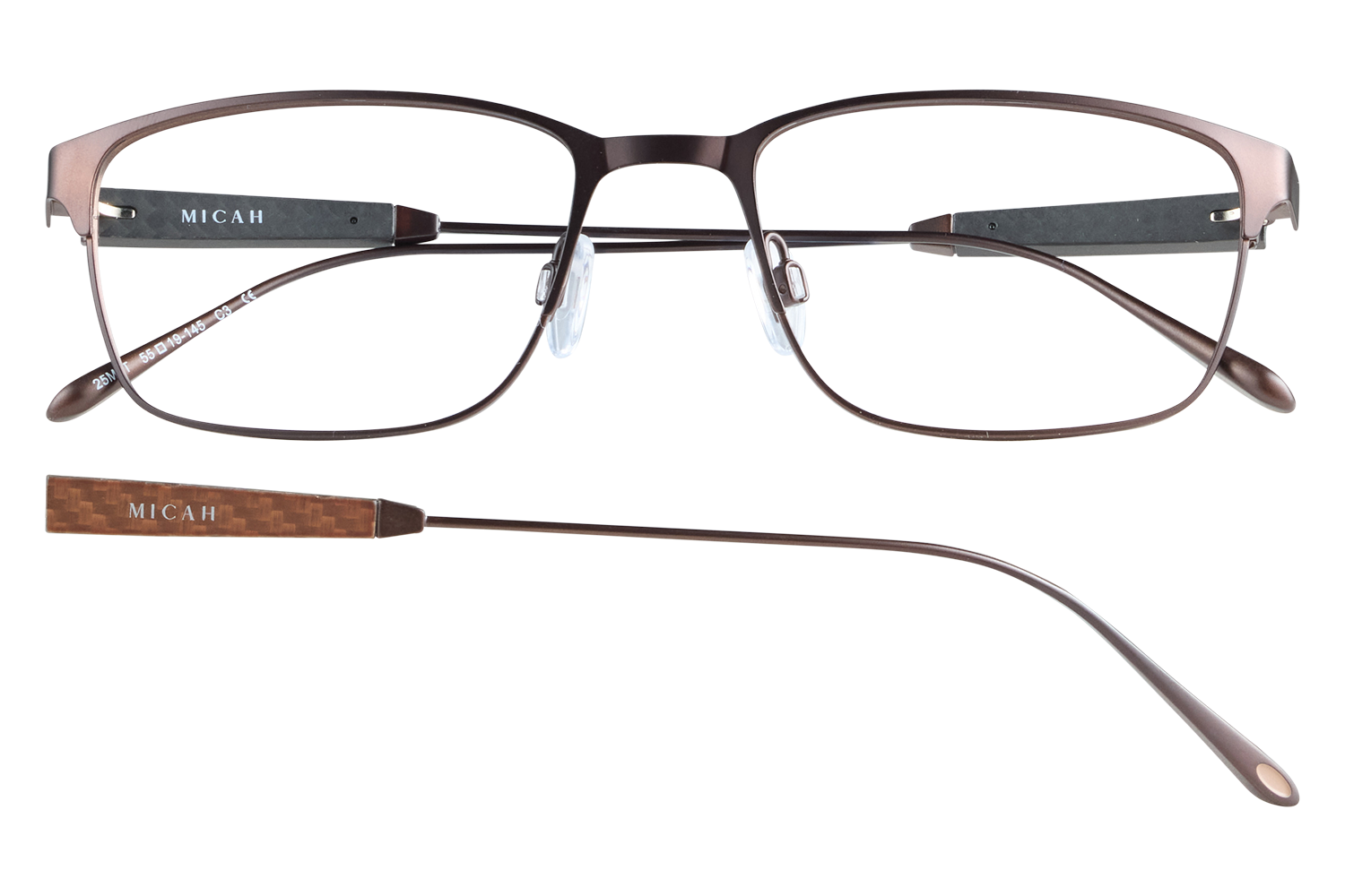 Brown metal-framed eyeglasses with clear nose pads and removable patterned temple tips (Micah brand).