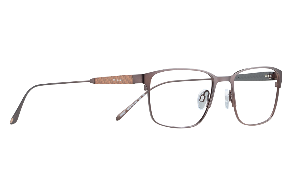 Brown rectangular eyeglasses frame with a textured temple and 'MICAH' logo on the side, close-up product shot