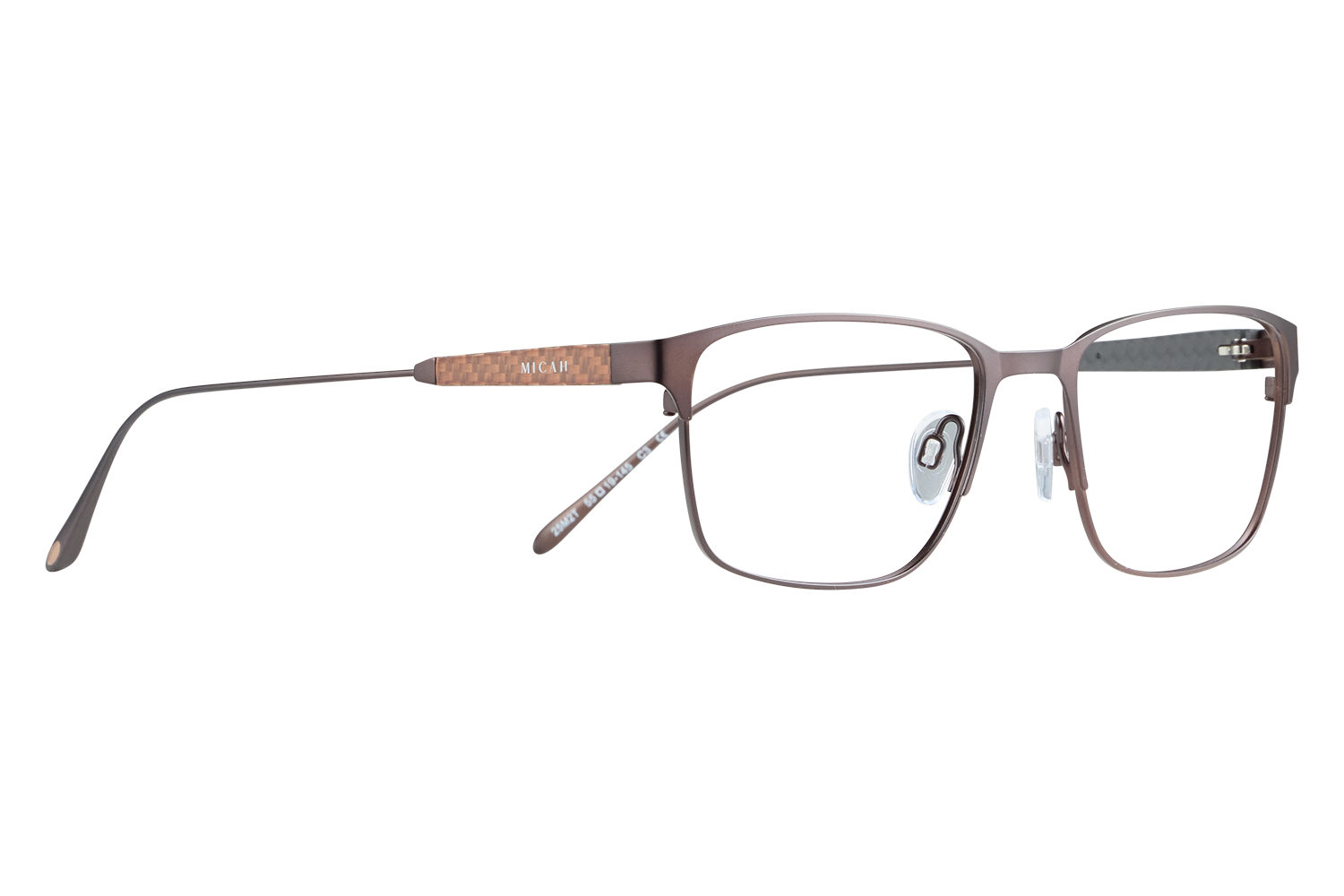 Brown rectangular eyeglasses frame with a textured temple and 'MICAH' logo on the side, close-up product shot