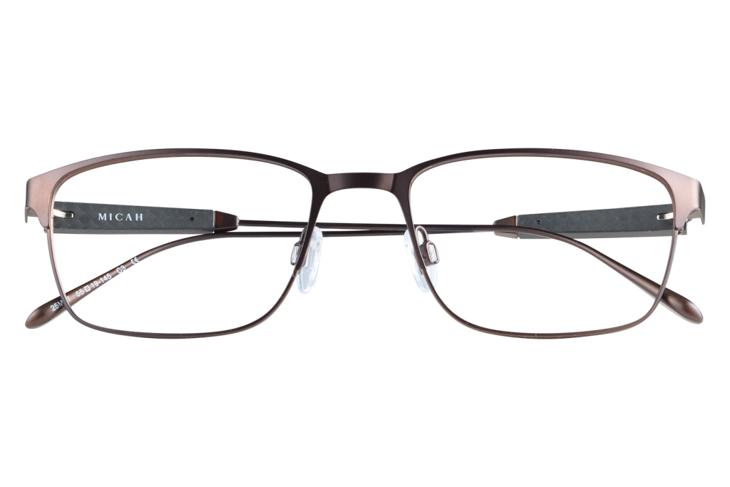 Brown metal eyeglasses with rectangular lenses, brand Micah on the temple, resting on clear stands.