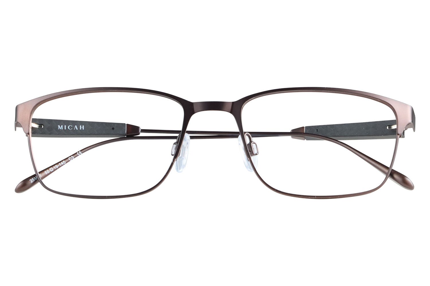 Brown metal eyeglasses with rectangular lenses, brand Micah on the temple, resting on clear stands.