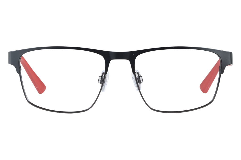 Black metal-framed eyeglasses with clear nose pads and red temple tips on a light background