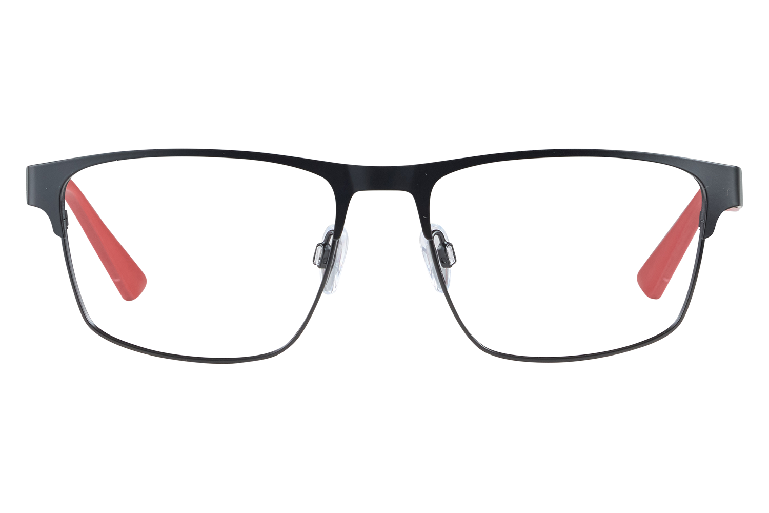 Black metal-framed eyeglasses with clear nose pads and red temple tips on a light background