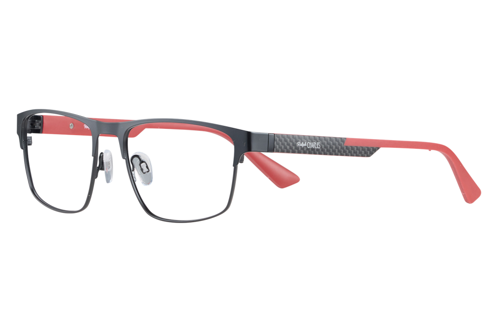 Black and red rectangular eyeglasses with carbon fiber-patterned temples on a white surface.