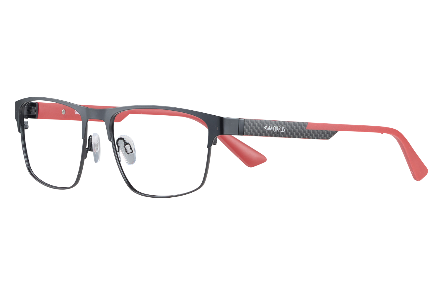 Black and red rectangular eyeglasses with carbon fiber-patterned temples on a white surface.