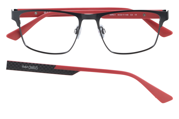 Rectangular black eyeglasses with red temples and carbon-fiber patterned arm, brand Ralph Charles (front view).