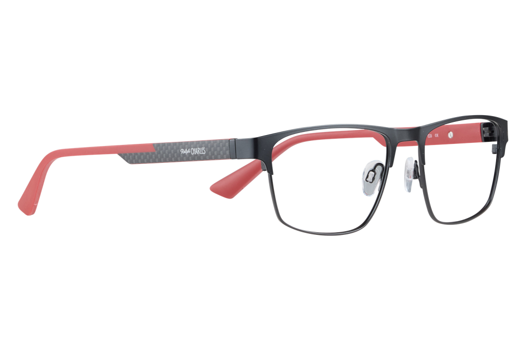 Side view of black-framed eyeglasses with red temples (Ralph Charles) displayed on a white surface with nose pads visible.