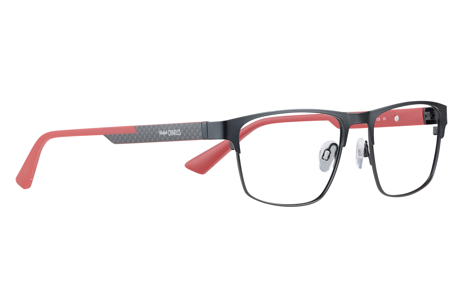 Side view of black-framed eyeglasses with red temples (Ralph Charles) displayed on a white surface with nose pads visible.
