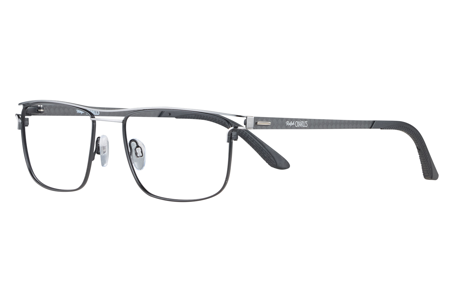 Close-up of black eyeglasses with metal frame and clear nose pads, brand Ralph Charles visible on the temple against a gray background.