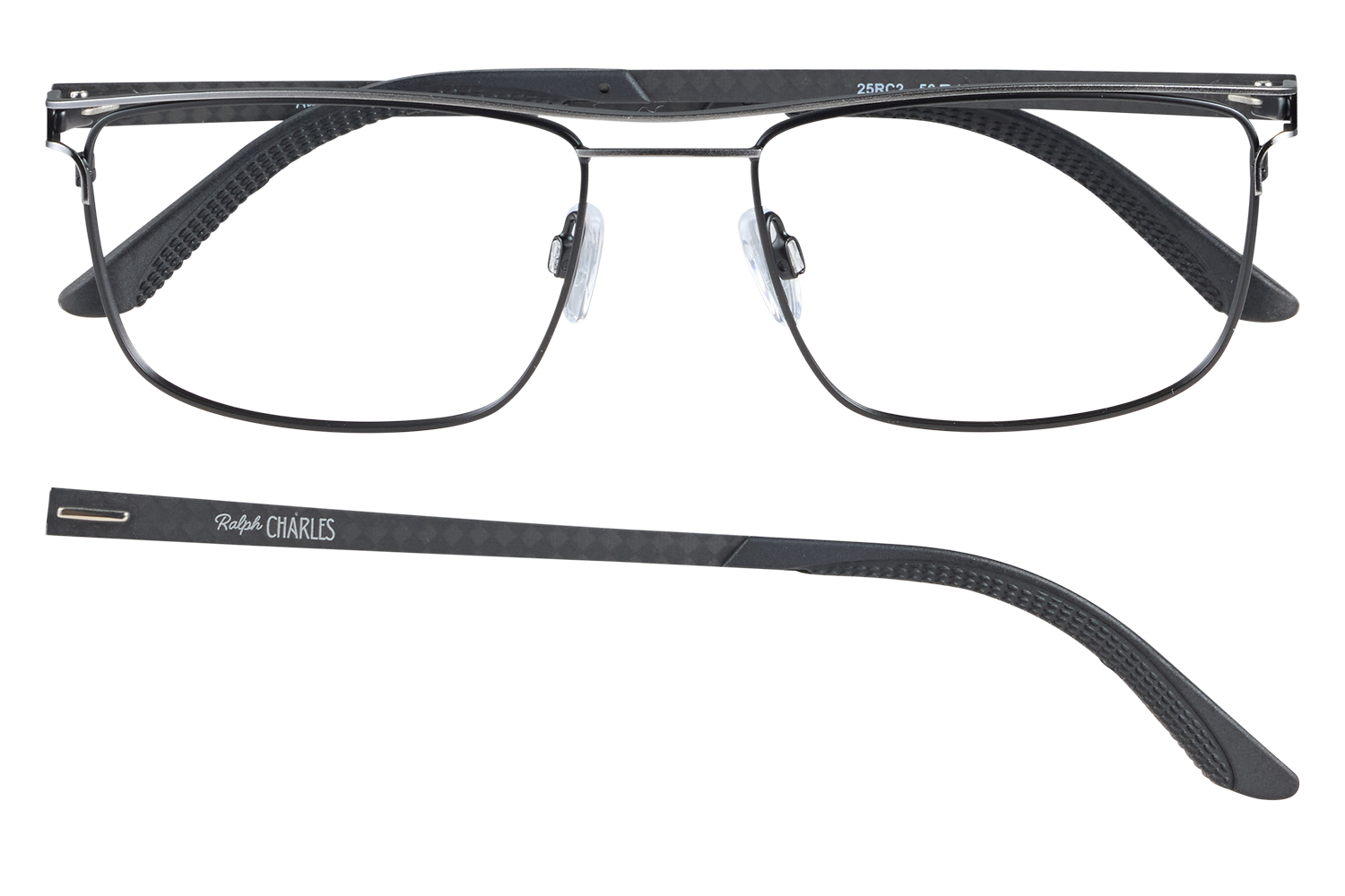 Black metal-frame rectangular eyeglasses with clear nose pads and a branded second temple piece labeled Ralph Charles