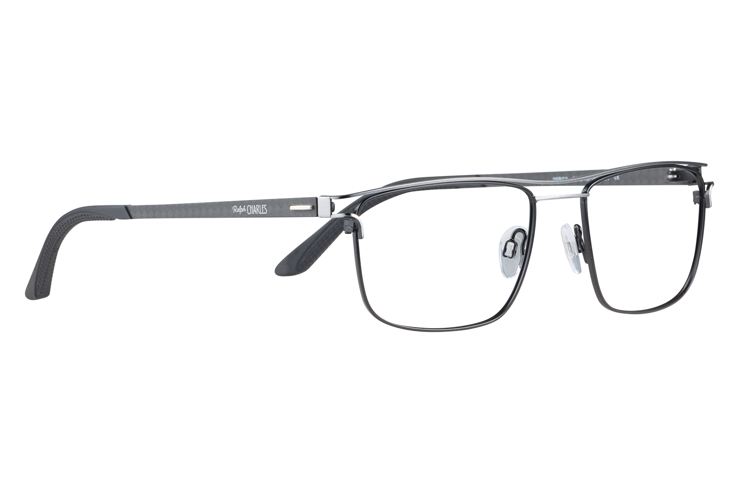Close-up of black metal-frame eyeglasses with clear nose pads, brand Ralph Charles visible on the temple.