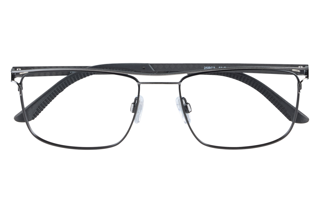 Black metal eyeglasses with rectangular lenses resting on a clear display stand, viewed head-on.
