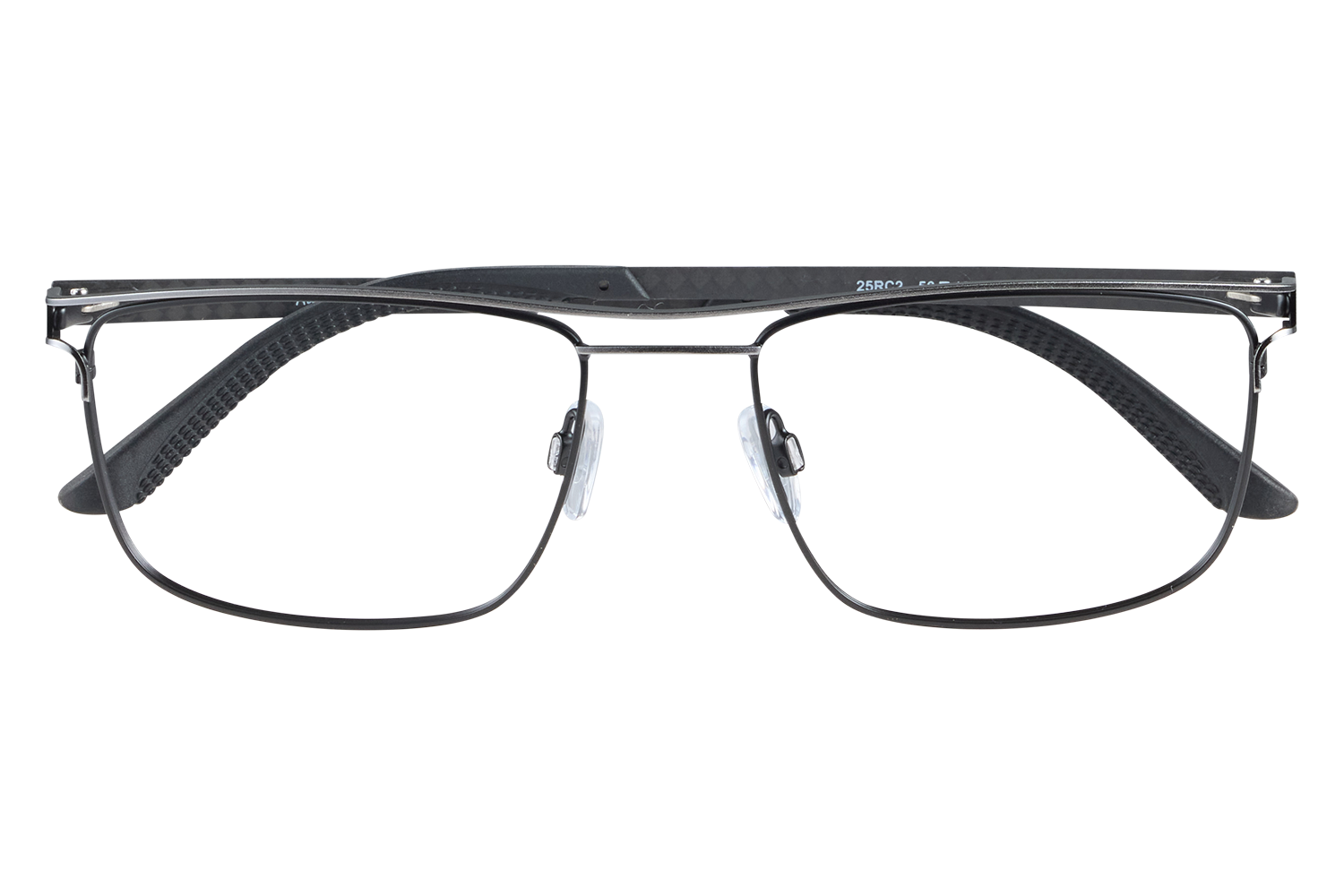 Black metal eyeglasses with rectangular lenses resting on a clear display stand, viewed head-on.