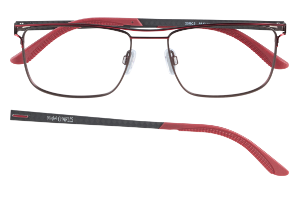 Red and black Ralph Charles eyeglasses with rectangular lenses, clear nose pads, and red textured temple tips.
