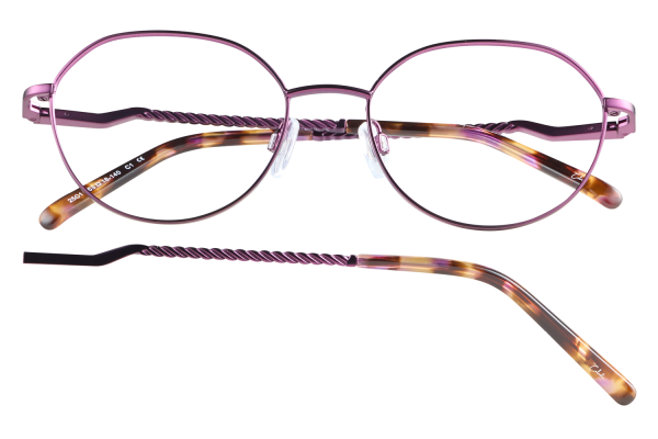 Purple metal-framed glasses with tortoiseshell arms and twisted temples, shown head-on on a black background.