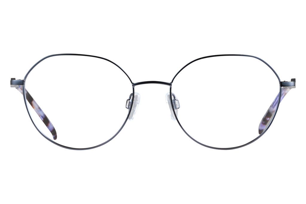 Front view of round metal eyeglasses with clear nose pads on a light background.