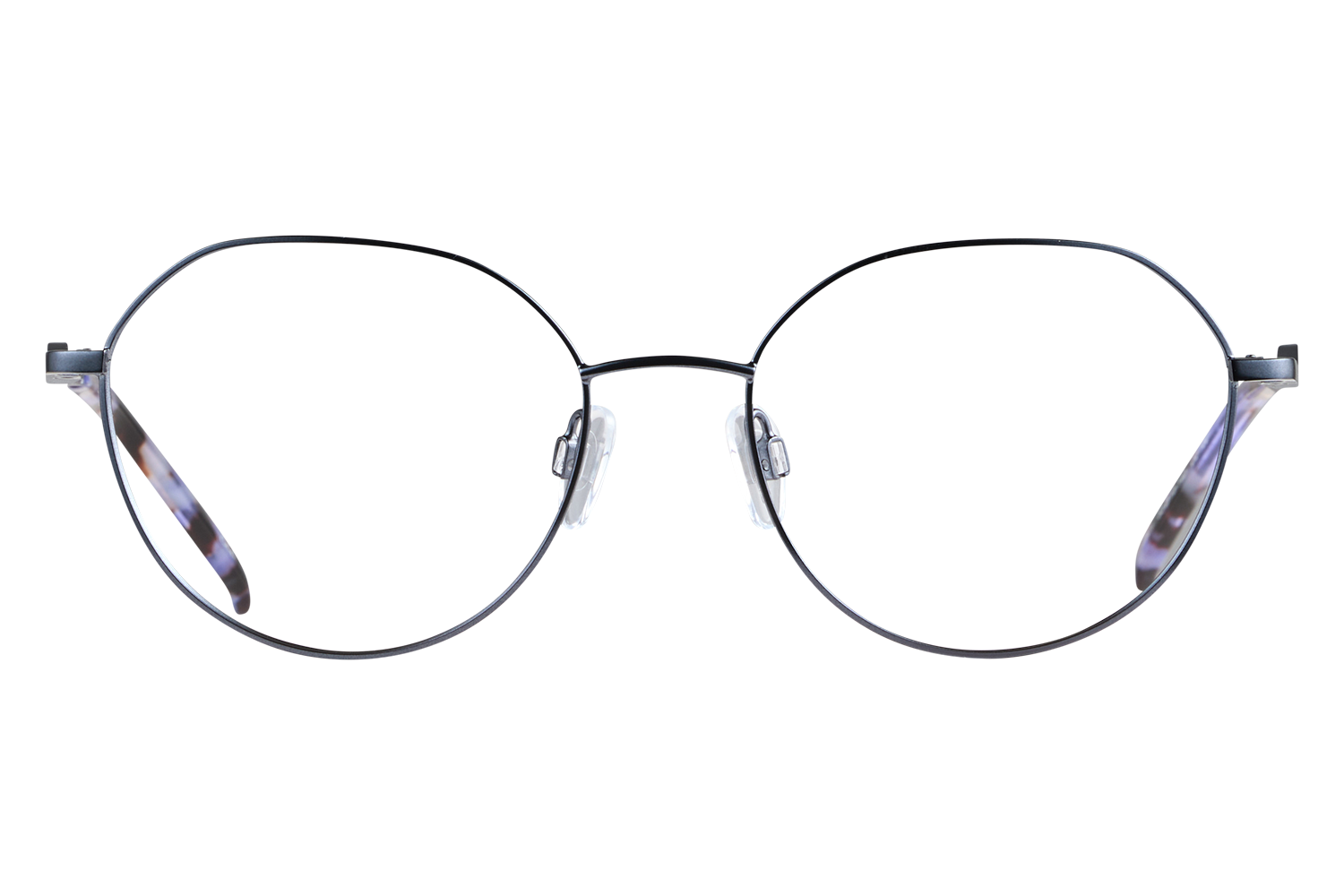 Front view of round metal eyeglasses with clear nose pads on a light background.