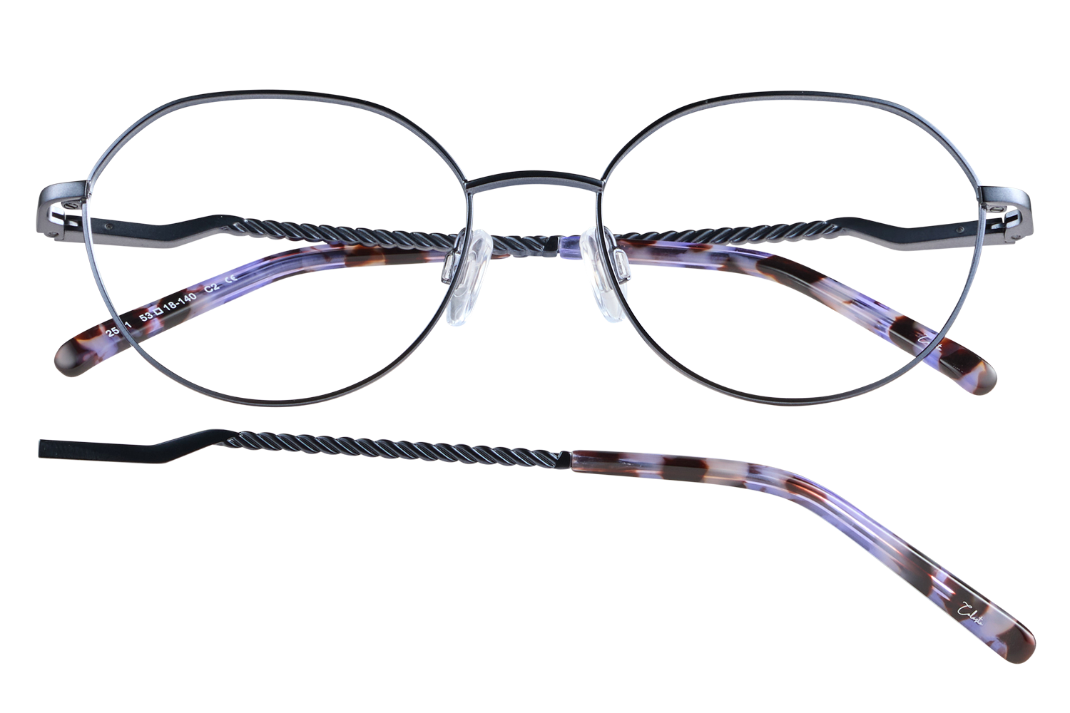 Eyeglasses with round metal frames and tortoiseshell patterned temples on a black background (product shot)