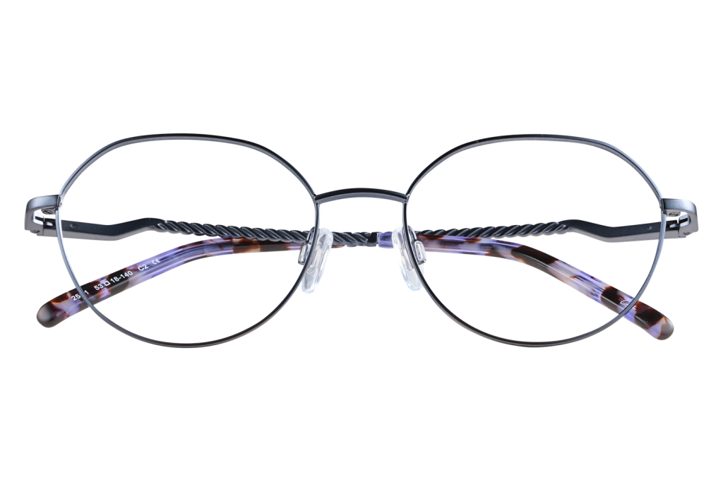 Round metal eyeglasses with tortoiseshell temples resting on a clear display stand, close-up view