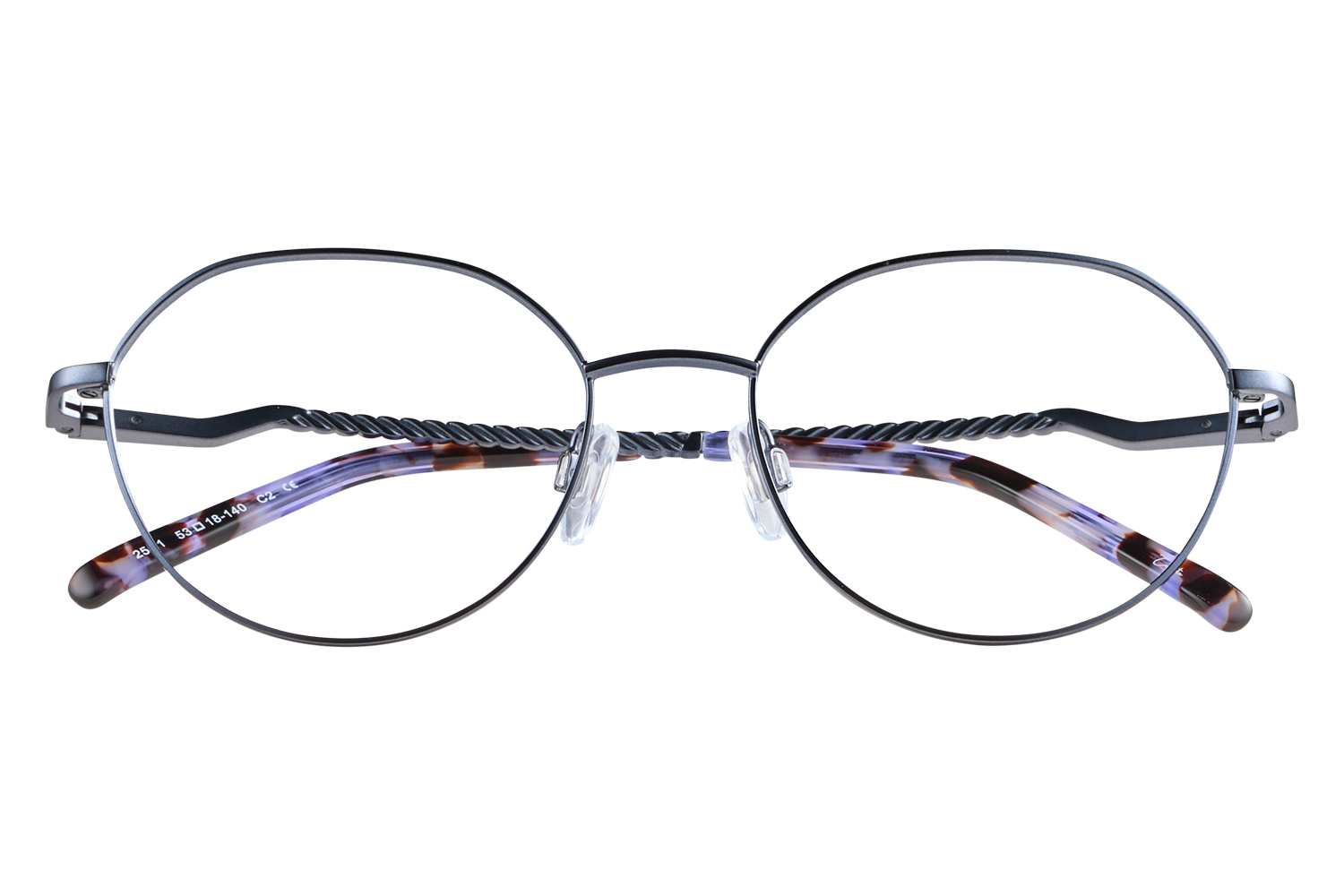 Round metal eyeglasses with tortoiseshell temples resting on a clear display stand, close-up view